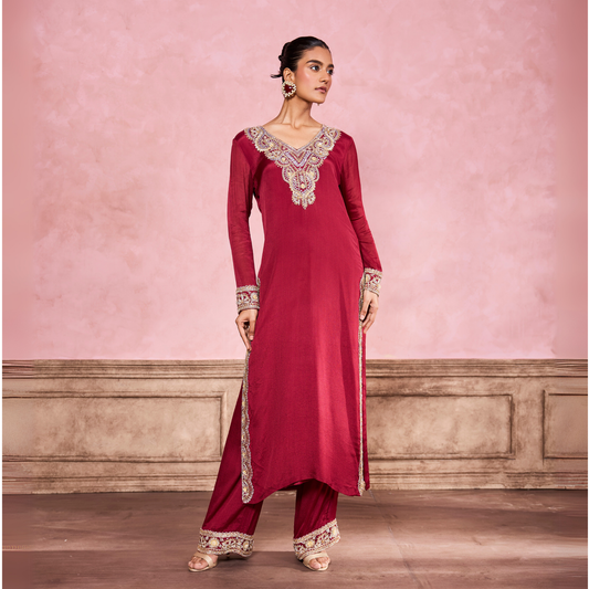 Maroon Hand Embroidered Kurta Set