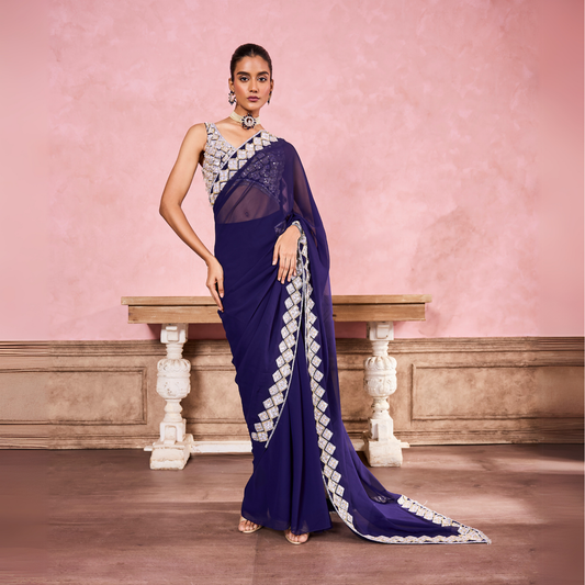 Classic Purple-Blue Pre-Draped Saree