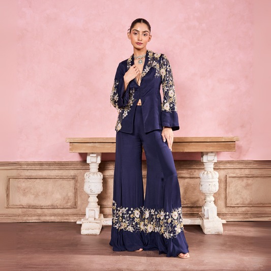 Blue Floral Embroidered Blazer & Pant Set