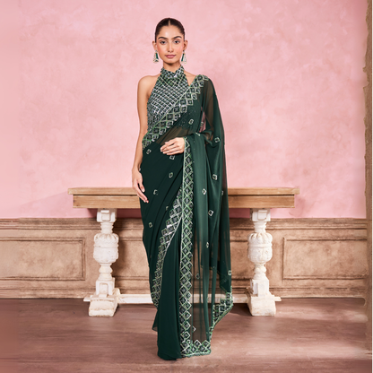 Dark Green Pre-Draped Saree With Halter Neck Blouse