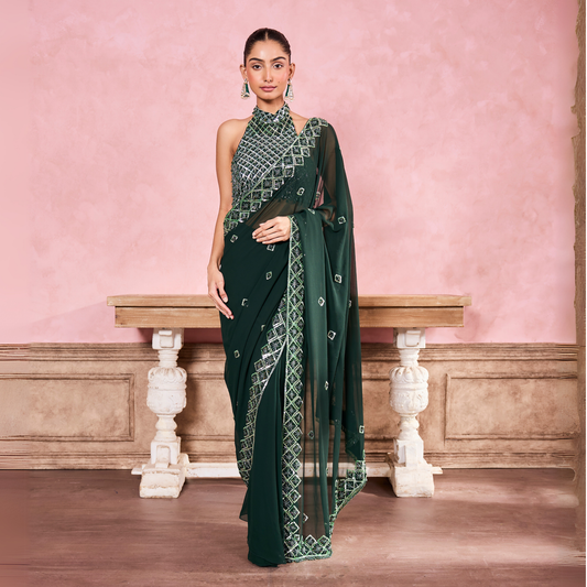 Dark Green Pre-Draped Saree With Halter Neck Blouse