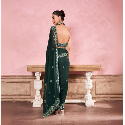 Dark Green Pre-Draped Saree With Halter Neck Blouse