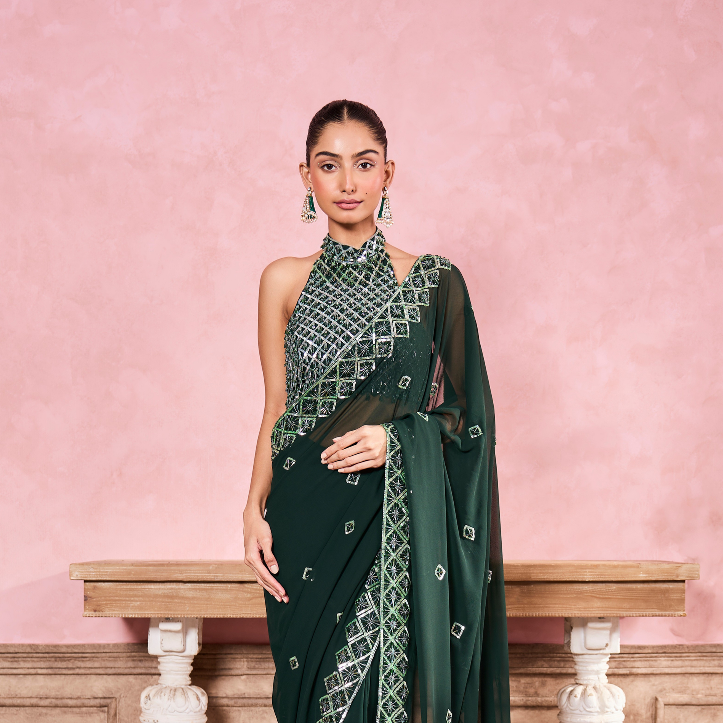 Dark Green Pre-Draped Saree With Halter Neck Blouse