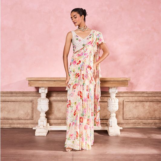 White Floral Printed Pre-Draped Sarees