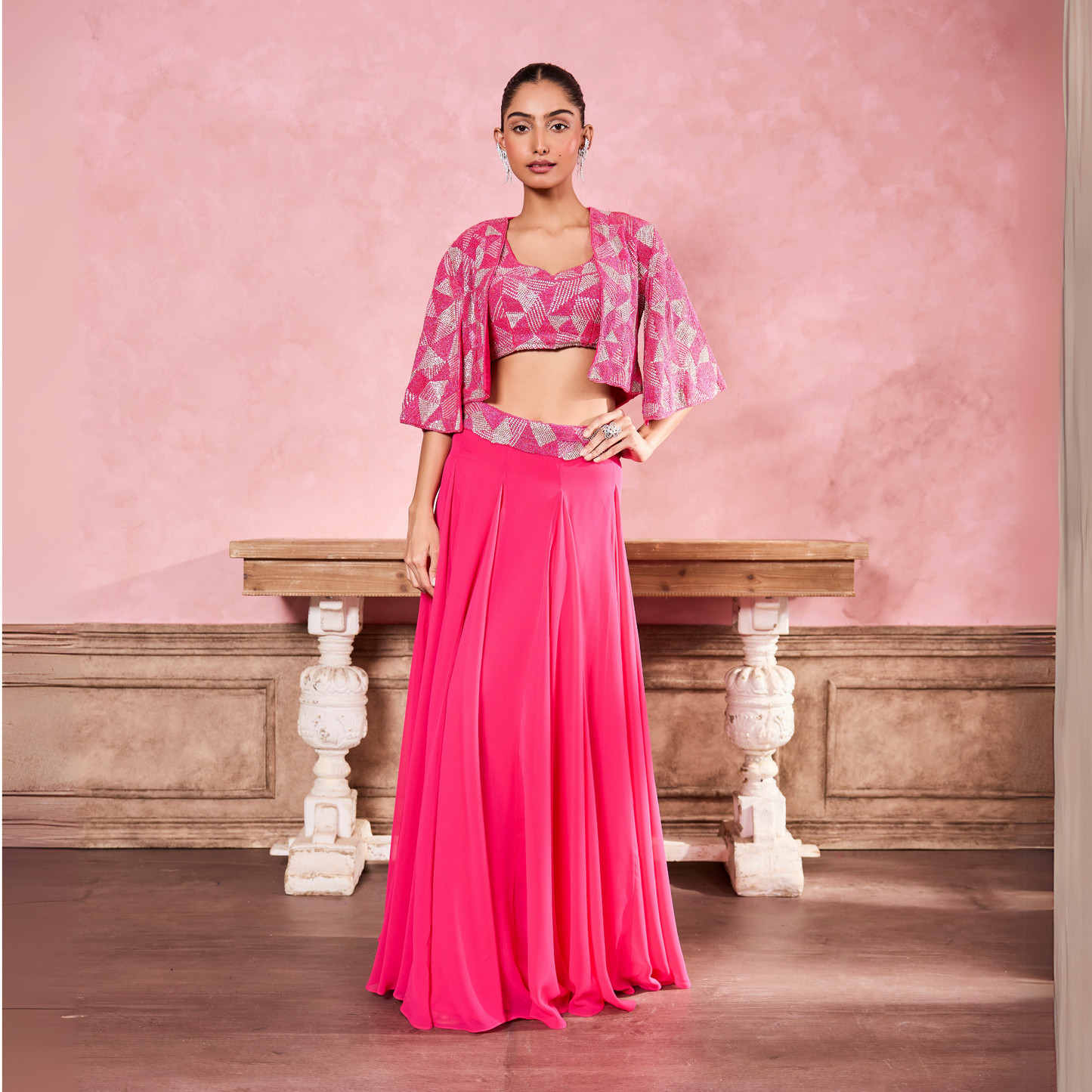 Fuschia Pink Diamond Print & Embroidered Cape Set