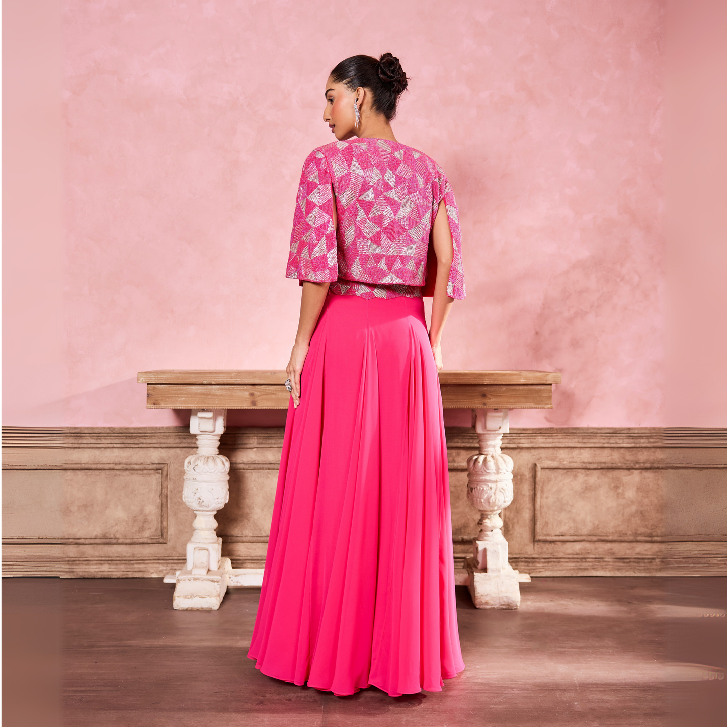 Fuschia Pink Diamond Print & Embroidered Cape Set