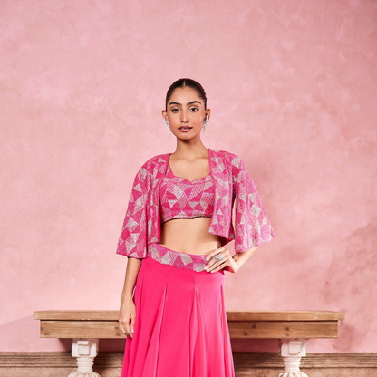 Fuschia Pink Diamond Print & Embroidered Cape Set