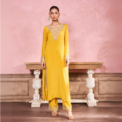 Yellow Hand Embroidered Kurta Set