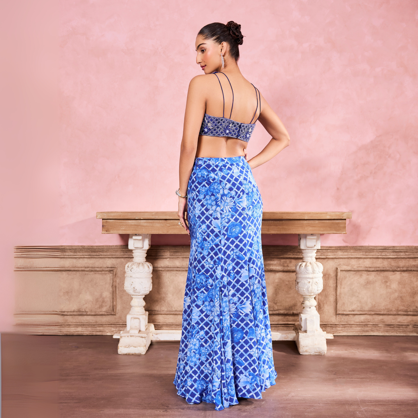 Blue Floral Printed Fish Cut Skirt Set