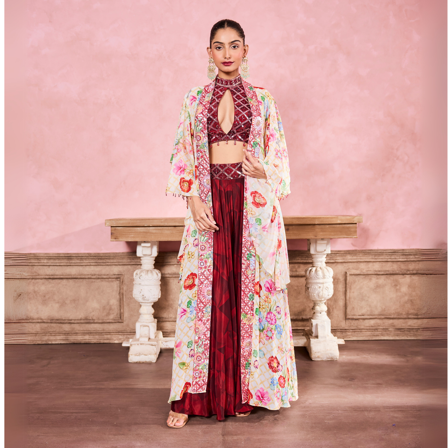 Multicolor Print Cape With Maroon sharara & Embroidered Blouse