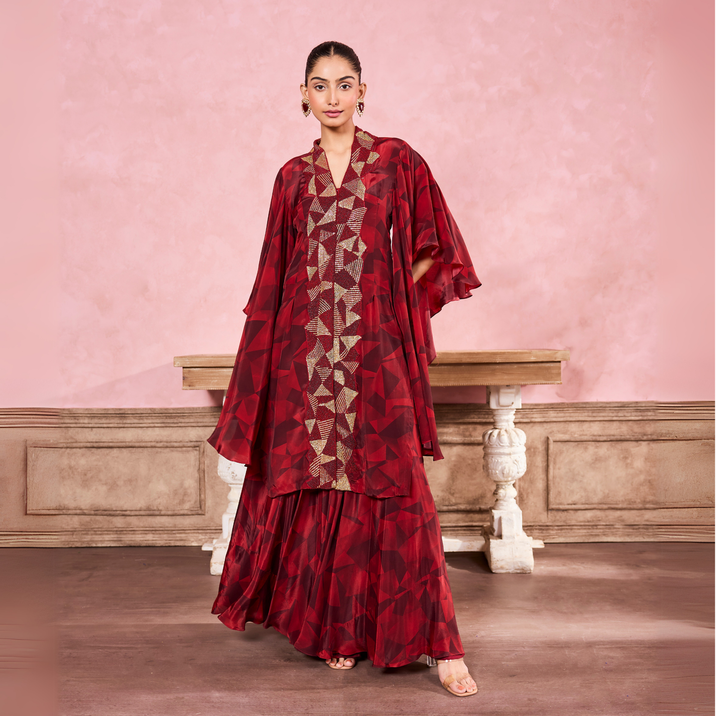 Maroon Hand Embroidered Kurta & Sharara Set