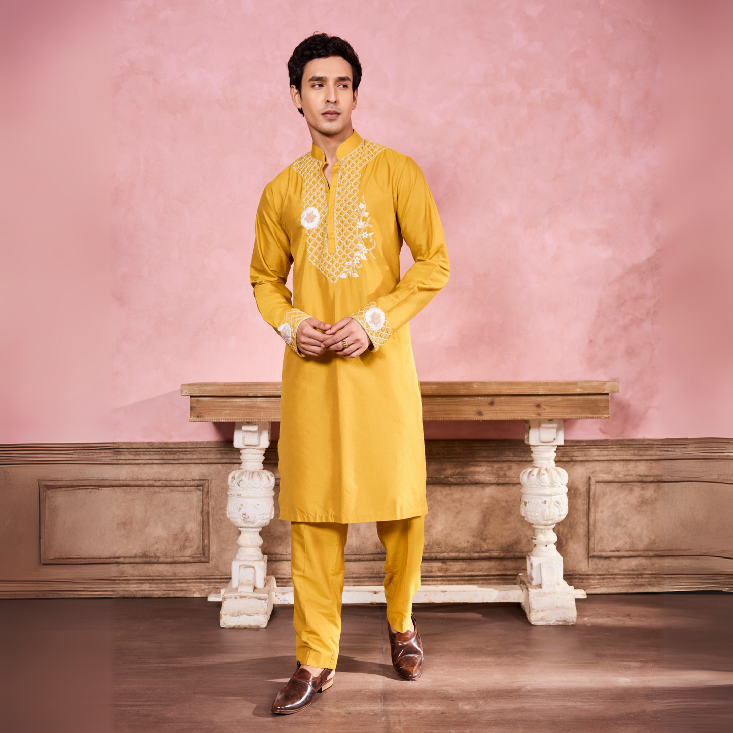 Yellow Floral Hand Embroidered Kurta Set