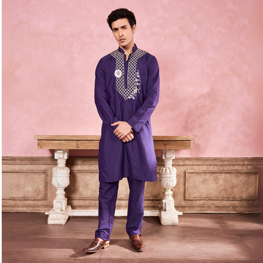 Blue Floral & Geometric Hand Embroidered Kurta Set