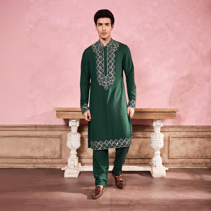 Green Geometric Hand Embroidered Kurta Set