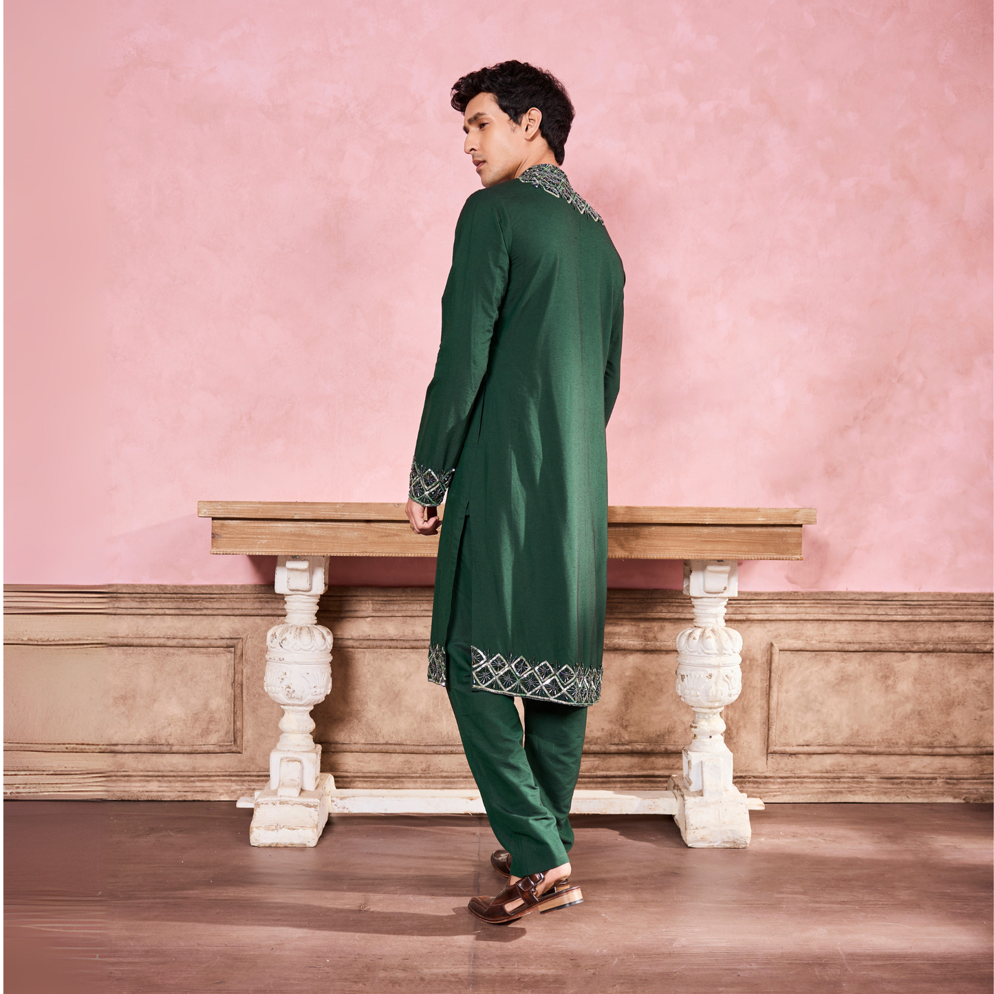 Green Geometric Hand Embroidered Kurta Set