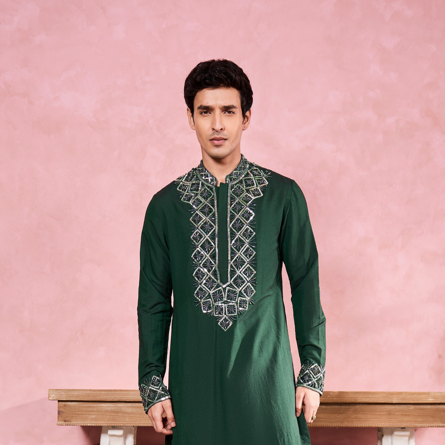 Green Geometric Hand Embroidered Kurta Set