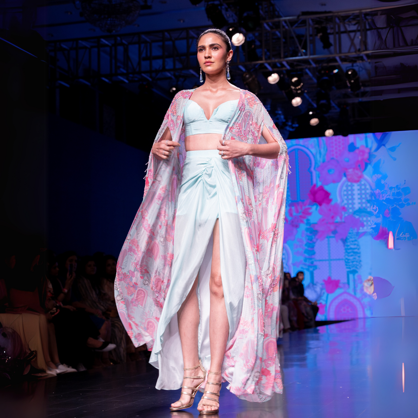 Powder Blue Blouse With Dhoti Skirt & Printed Embroidered Cape