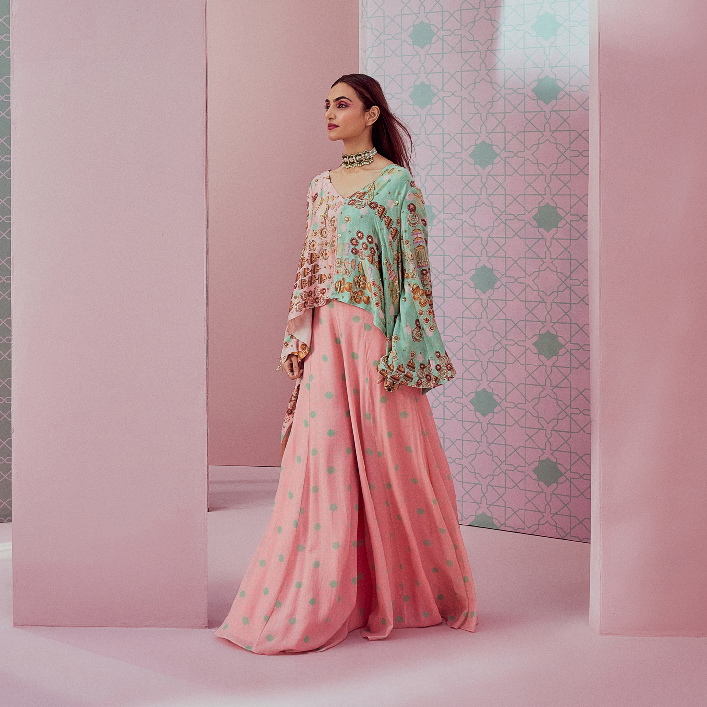 Green & pink long & short kurta paired with sharara