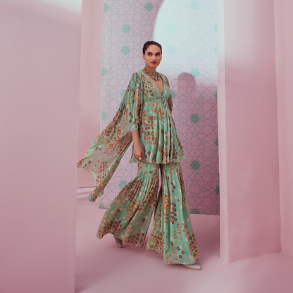 Mint green kurta with layered sleeves & gharara